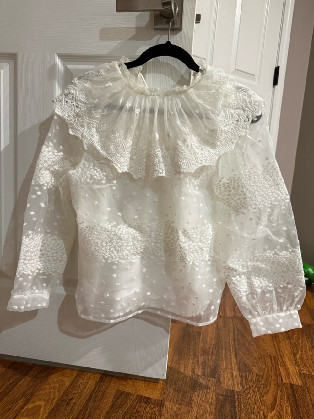 Zara White Embroidered Sheer Ruffle Blouse